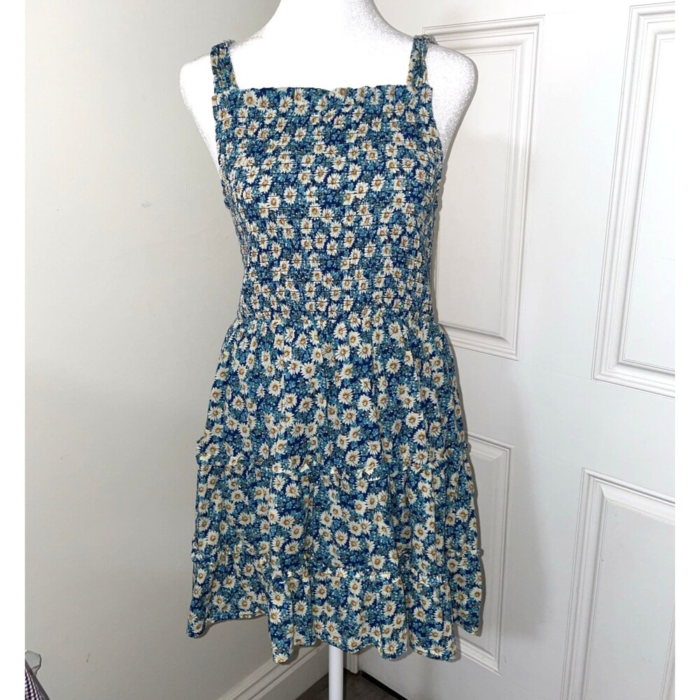 Wild Fable Sundress Sleeveless Smocked Floral Blue Yellow Size Medium Sunflower